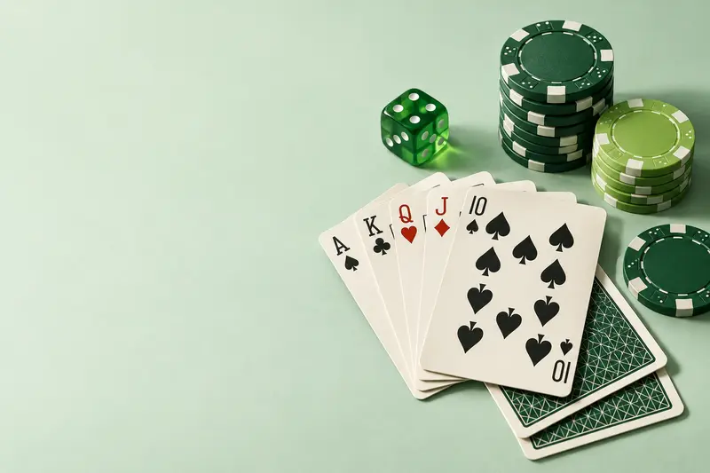 Carte da gioco, fiches verdi e un dado su una superficie chiara